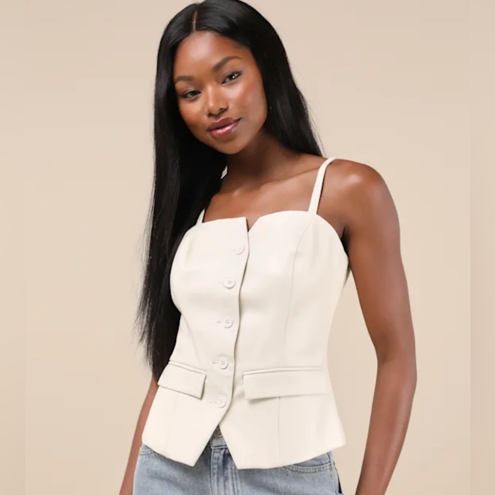 NWT Lulus Cream Vegan Leather Button-Front Cami Vest Top | Size Large